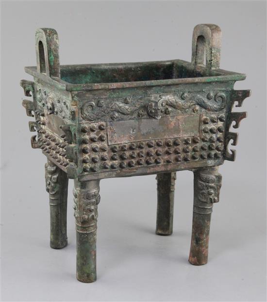 A large Chinese archaic bronze rectangular ritual food vessel, Fangding, early Western Zhou dynasty, 11th-10th century B.C.,